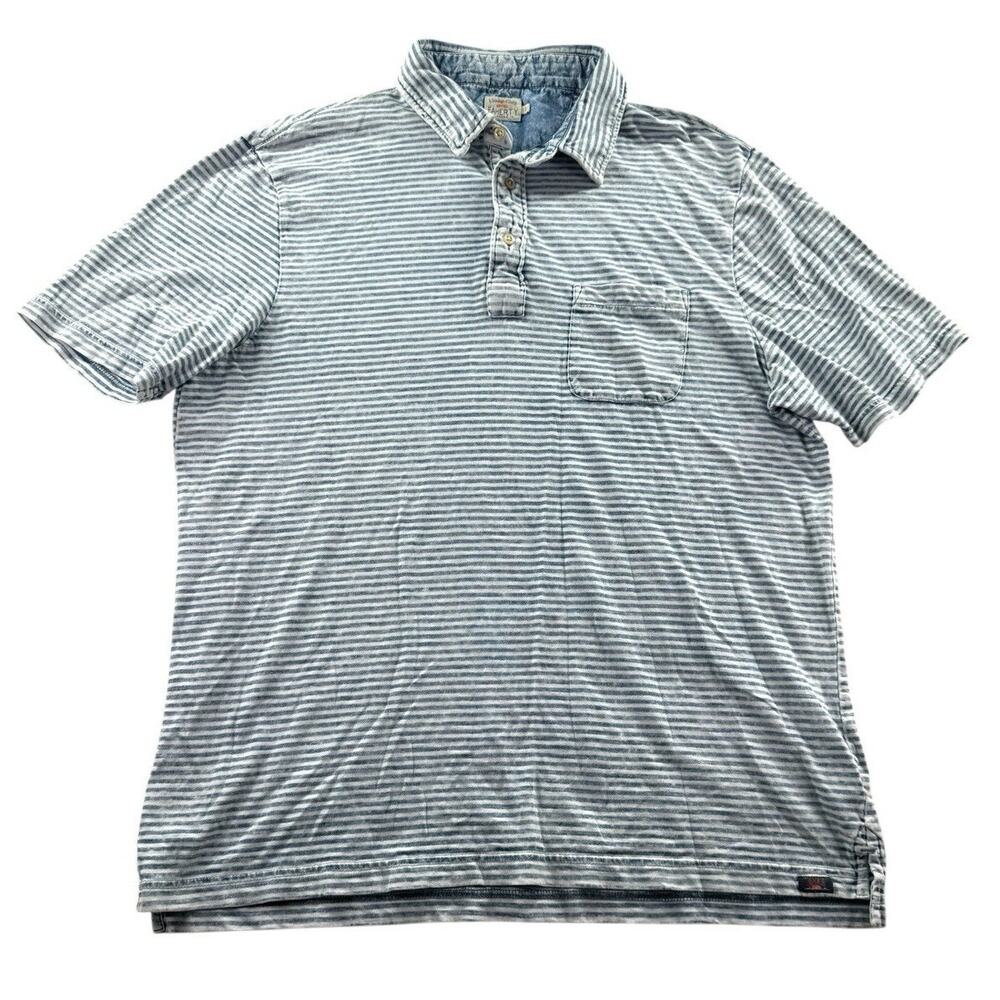Faherty Striped Polo Shirt Mens L Blue Indigo Organic Cotton Dyed Pocket Casual